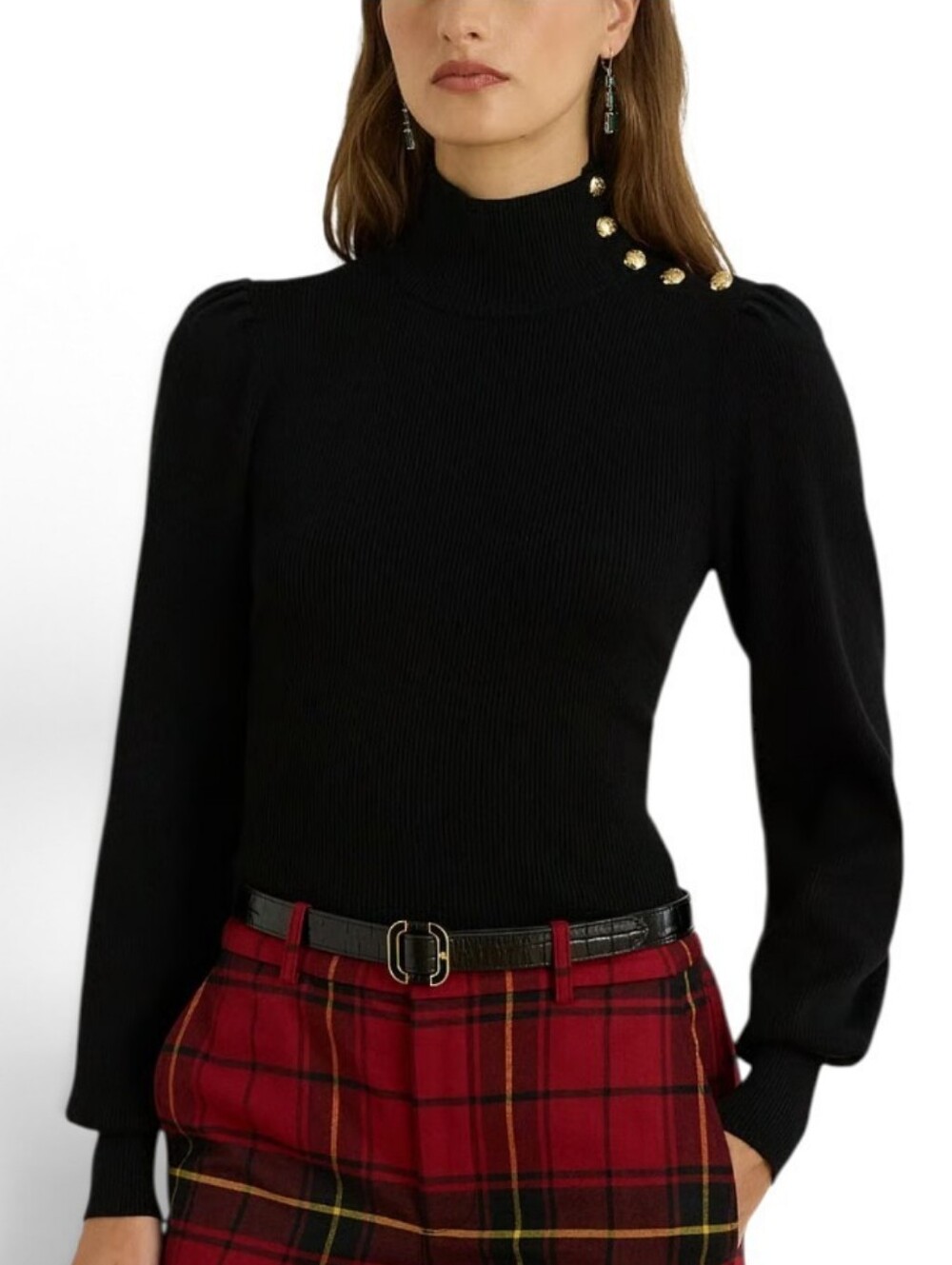 Lauren Ralph Lauren Button Trim Mock Neck Sweater Black Rib Knit Size 2X
